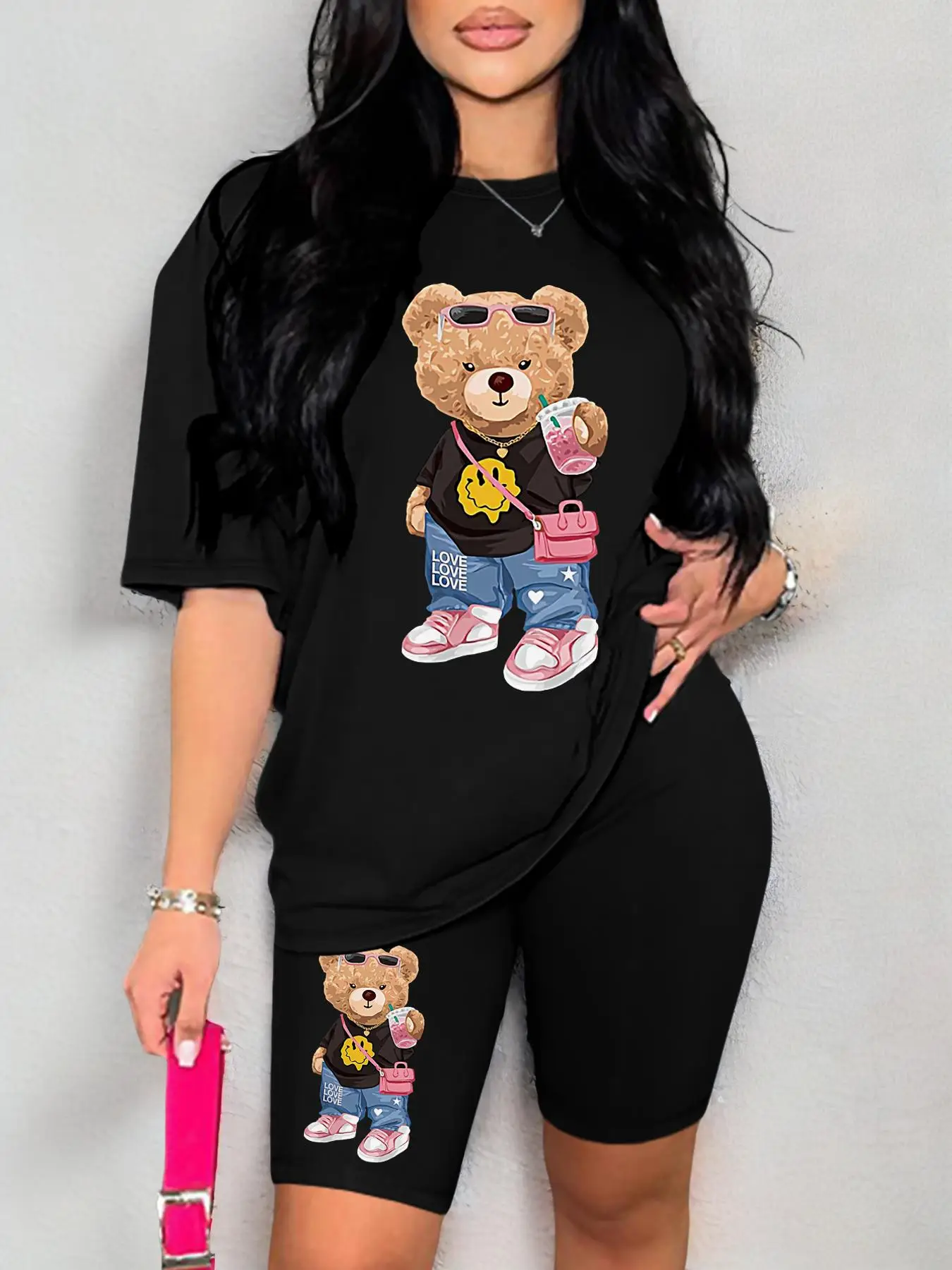 Women's Cartoon Bear Print Shorts Two-piece Set, Back To School Outfits, Lady Casual Comfort Round Neck Short Sleeve T-shirt & Elastic Waist Biker Sho