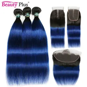 Blue Bundles With Closure Ombre Straight 3 Bundles With Lace Frontal Ear To Ear Dark Black Roots Remy Brazilian Human Hair Pack