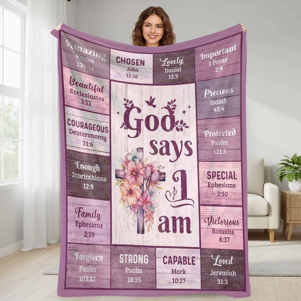 Inspirational God Says I Am Floral Cross Flannel Bed Blanket - Breathable Soft, Cozy Throw, Encouragement Item with Empowered Attributes, Scripture Verses - Ideal for Home Decor, Gifting - Summerwins, Breathable Soft Blanket, Cozy Throw Blankets