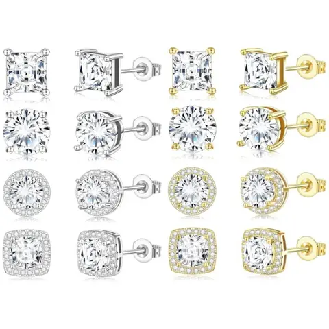 8 Pairs Cubic Zirconia Stud Earrings for Women Mens Earrings Hypoallergenic Square CZ Studs Set