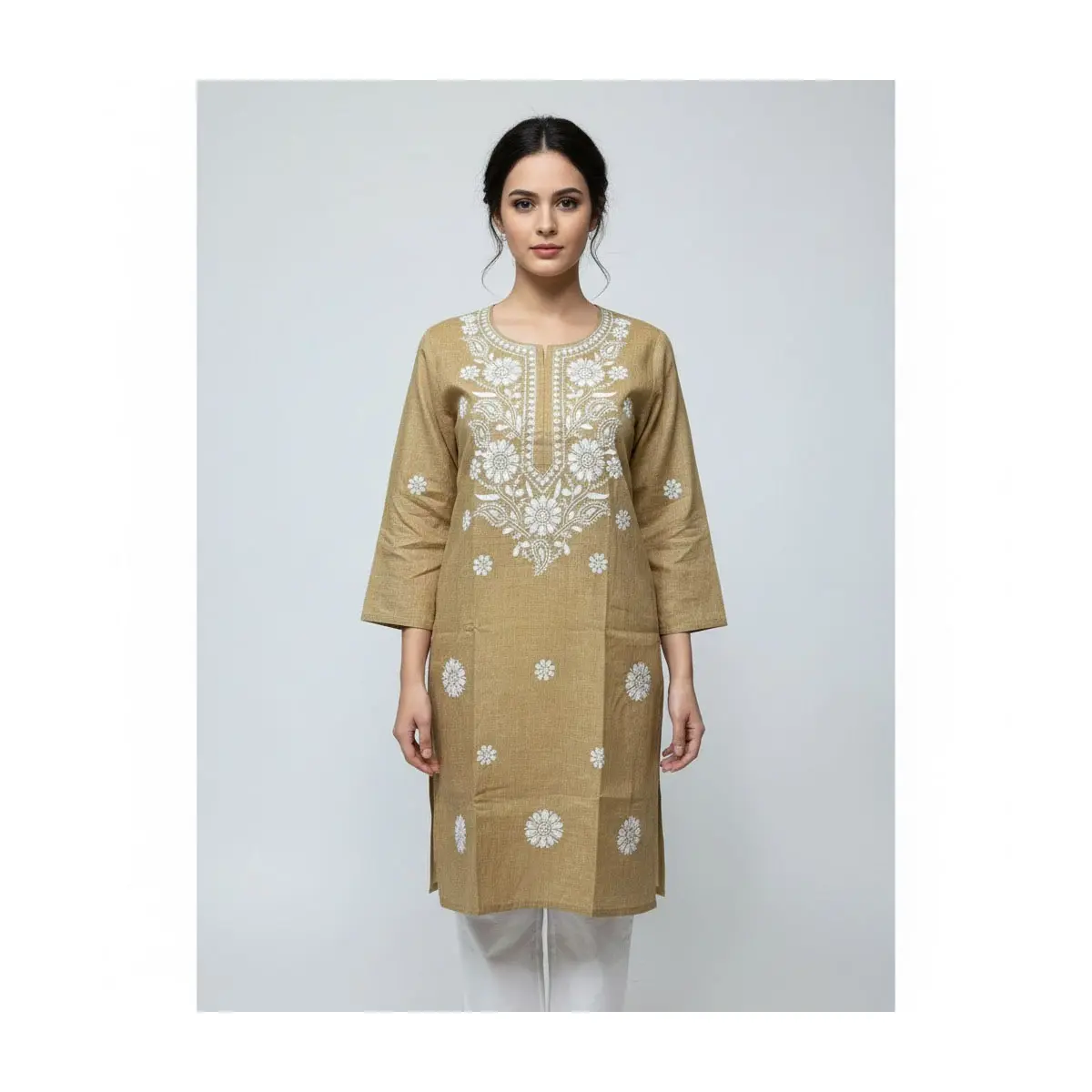 Stunning Beige Floral Embroidered Kurti - Premium Ethnic Wear (Top-38) Sizes 38, 40, 42 available