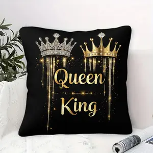 Black Gold Queen King Crown Throw Pillow, Accent Cushion with Core, Sparkly Rhinestone Print, Romantic Couples Decor for Bedroom, Living Room, Anniversary & Valentine’s Day Gift