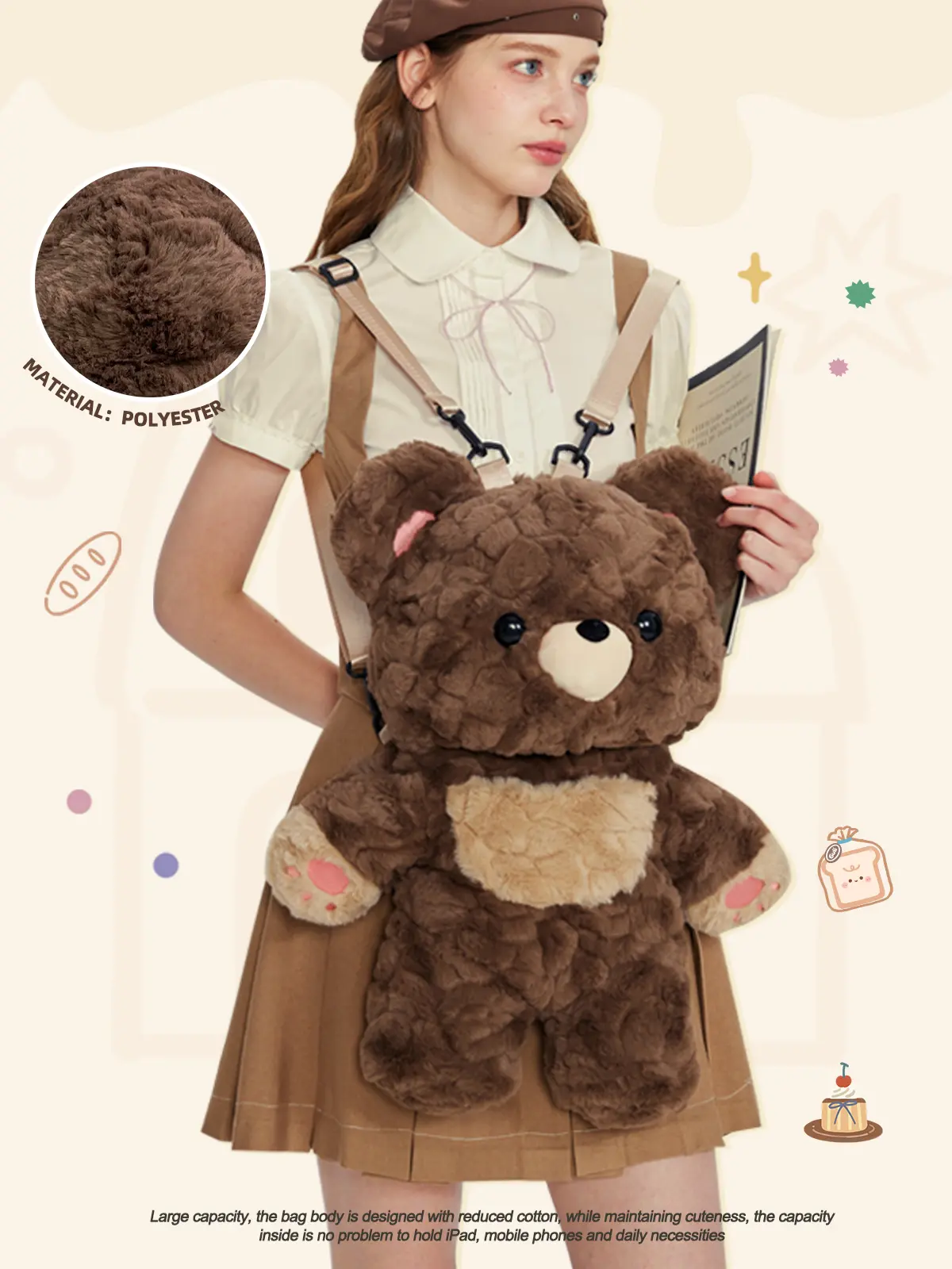 GUULYMIE Love Bear Backpack Large Capacity Polyester Material Cute Brown Bear Design Fashionable Bag for Everyday Use Cartoon Japanese Style Valentine's Day Gift Casual Daypack Bookbag