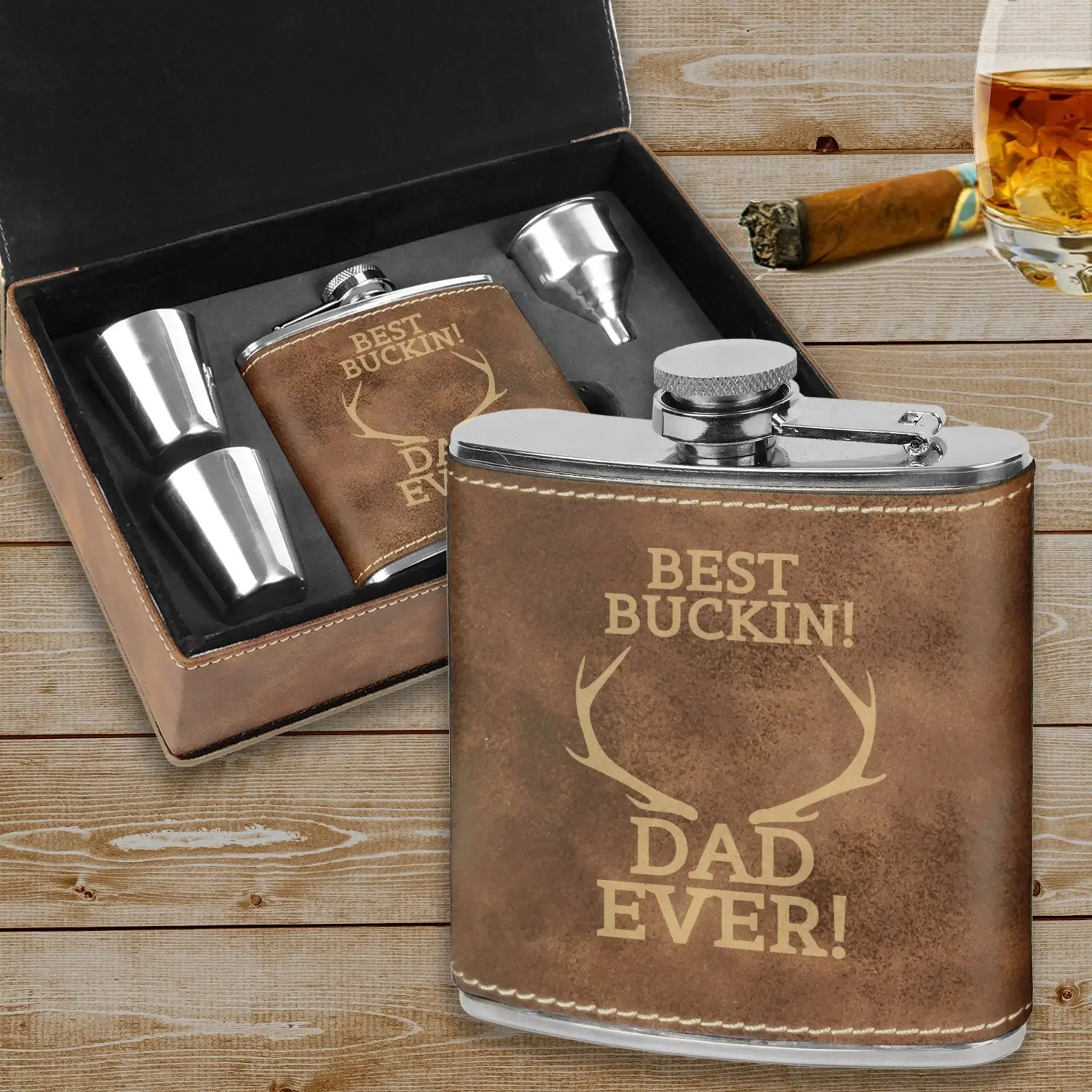 Custom Best Buckin dad Flask Father's Day Gift, Leatherette Flask gift set, Flask gift for dad, Man cave gift,Fun gifts for Dad,New dad gift