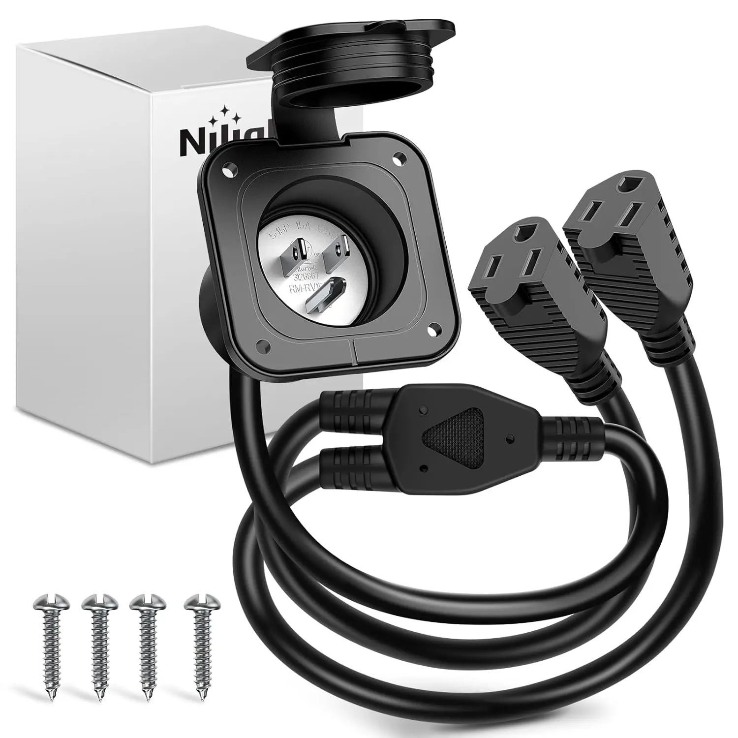 Nilight 15 AMP RV Power Flanged Inlet 125V AC Port Shore Receptacle with Extension Cord ETL Listed NEMA 5-15P Plug (2) 5-15R Female Outlet for Camper Generator Shed Motorhome