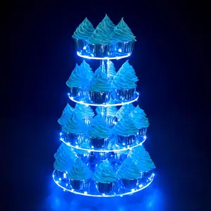 Cupcake Stand, 4-Tier Round Cupcake Holder with LED light String,  Cupcake Tower Display for Wedding, Birthday party etc.(Blue Light)