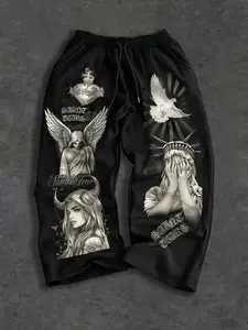 Men's Casual Loose-Fitting Straight Pants with Angel Graphic Print Design, Ideal for Fitness and Urban Outing, Perfect for Everyday Wear, Casual Sports Trousers, Athleisure Style Pants