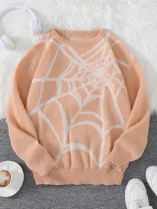Men's Spider Web Pattern Round Neck Sweater, Regular Fit Casual Drop Shoulder Long Sleeve Jumper for Spring & Fall, Fashion Men's Knitwear for Daily Wear