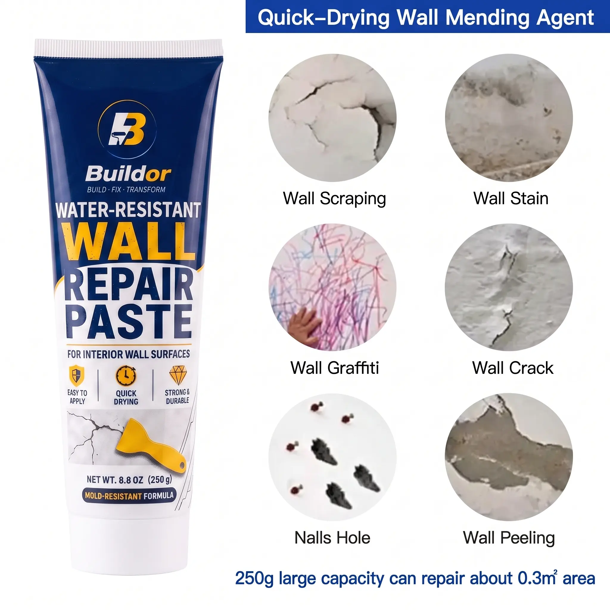 All-in-One Drywall Patch Repair Kit, 250g Water-Resistant Wall Mending Paste with Putty Knife, Applicator Nozzle and 5 Sanding Sheets for Cracks, Nail Holes and Surface Damage