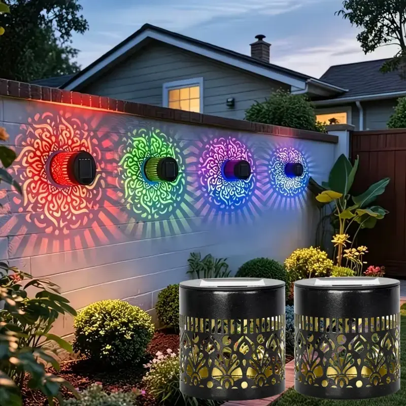 Outdoor Solar Mandala Projector Lights, RGB Auto Color Shift Waterproof Wall Mount Light - Decor LED Yard Landscape Lighting for Lawn, Porch, Outside Fence（2 PCS））