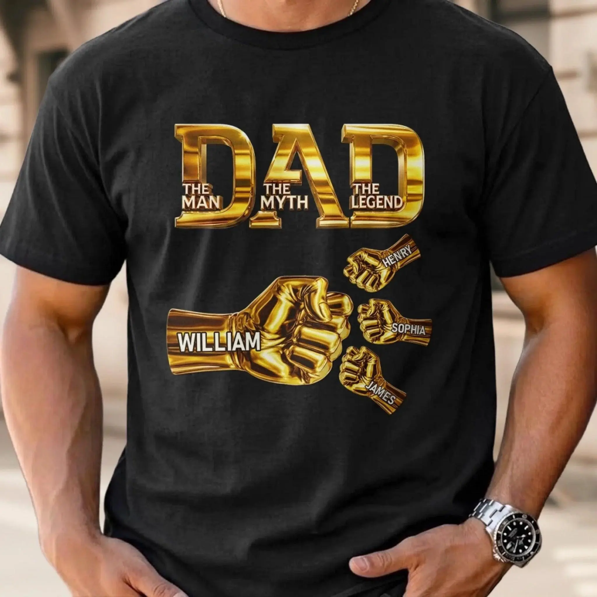 Personalized Dad The Man The Myth The Legend T-Shirt, Custom Kids Names Fist Bump Shirt, Father’s Day Gift for Dad