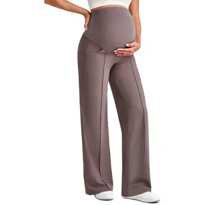 Maternity Dress Yoga Pants with Pockets Over The Belly Stretchy Work Slack Pregnancy Wide Leg Lounge Trousers