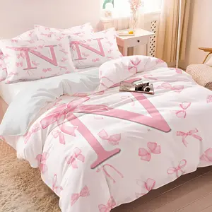 Letter bow print duvet cover set,2/3 Pcs,Includes 1 Count Duvet Cover & 1/2 Pillowcase without Filler,Suitable for young adults,Soft and comfortable,This makes a great bedding gift,Multiple styles available.