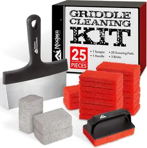 25- Griddle Cleaning Kit, 20 Scouring Pads, 3 Grill Bricks, 1 Indoor Grill Scraper, 1 Handle, Pumice Stone Brick, Blackstone & Weber Compatible BBQ Flat Top Cleaner Accessories
