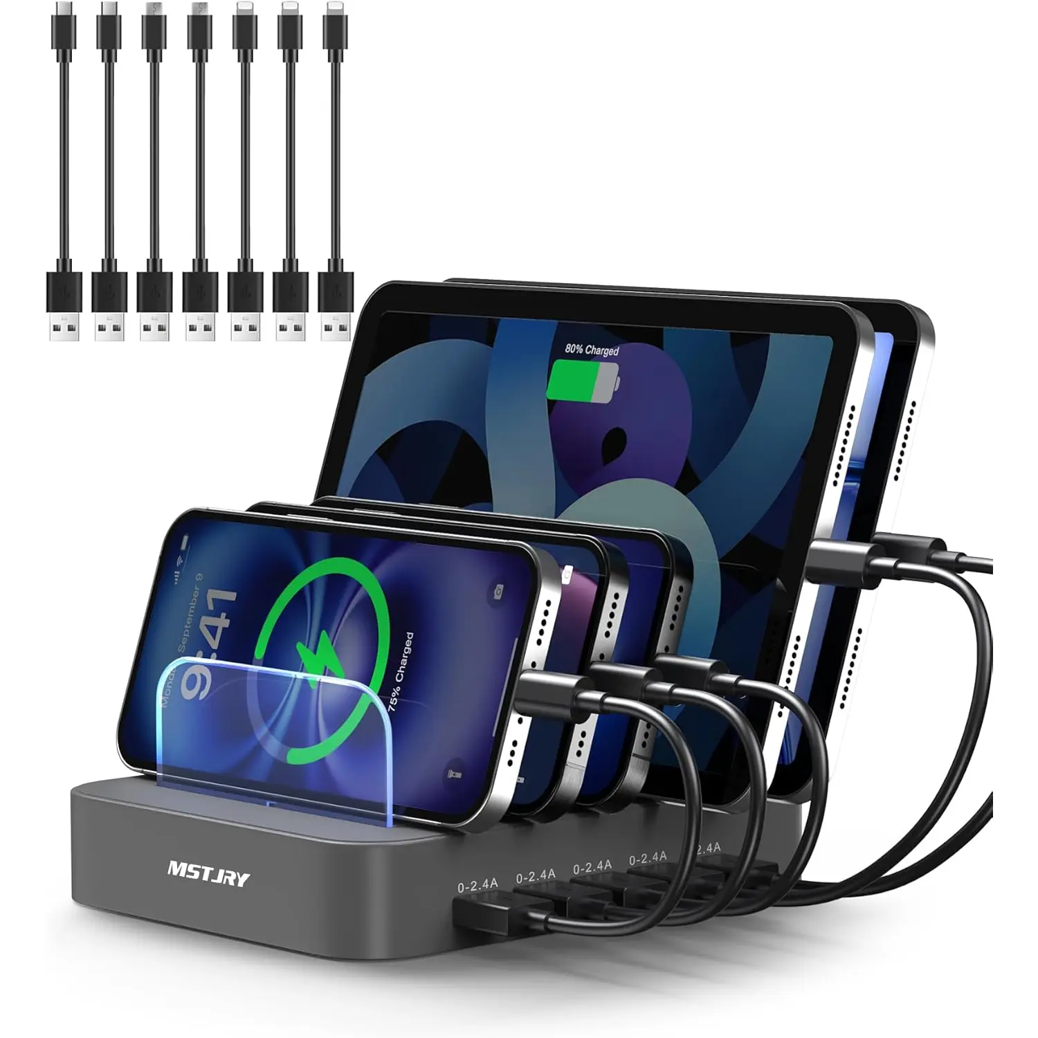 MSTJRY Charging Station for Multiple Devices : 5 Port Multi USB-A Charger Stations Multi-Device Organizer Charging Dock Designed for Iphone Ipad Cell Phone Tablets (7 Short Cables Included), Gray MSTJRY