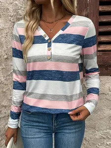 Women's Striped Print V Neck Button Decor Tee, Casual Long Sleeve Fitted T-shirt Tops for Daily Wear, Ladies Clothes Womenswear for All Seasons