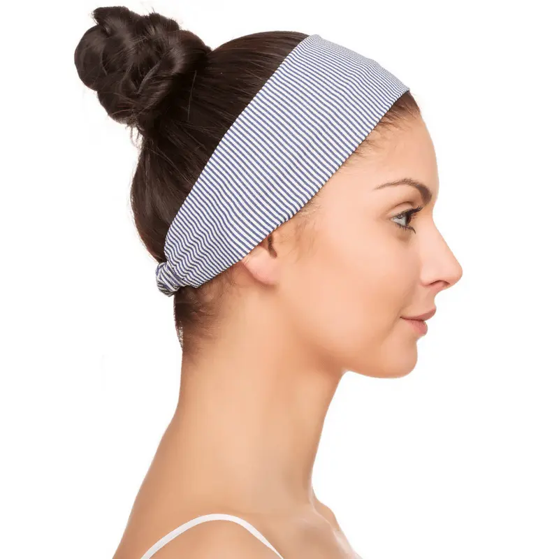 Female Wide Sailor Striped Stretch Headband - Navy and White Cotton Blend Hair Accessory for Beach, All Occasions Wear, Wide Headbands, Night Wear, Hand Wash, One Size Fits All