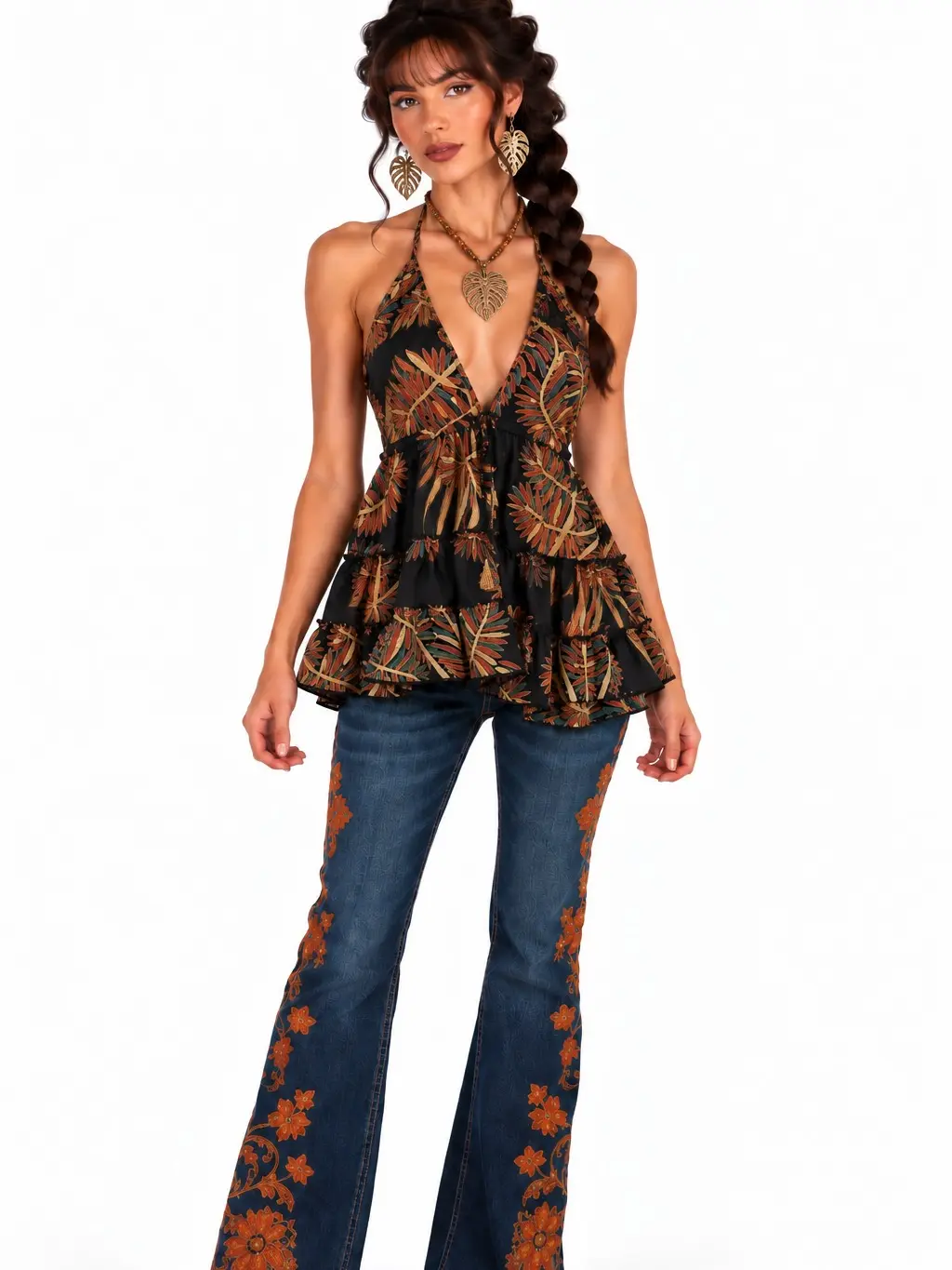 Boho Black Floral Halter Ruffle Top