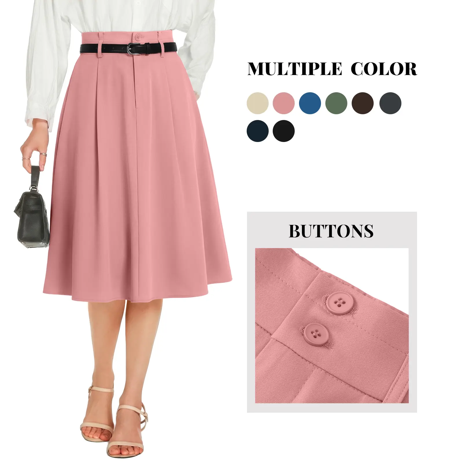 Women's Elegant A-Line Pleated Twill Midi Skirt - High-Waist Flare Bottoms with Pockets, Adjustable Elastic Waist, Fashion Apparel for Corporate Attire Women, Fabric, Fitted, Button, Nylon, Twill Cotton, Athletic, 2Xl, Button Front, Chic, Plain, Work, Pat