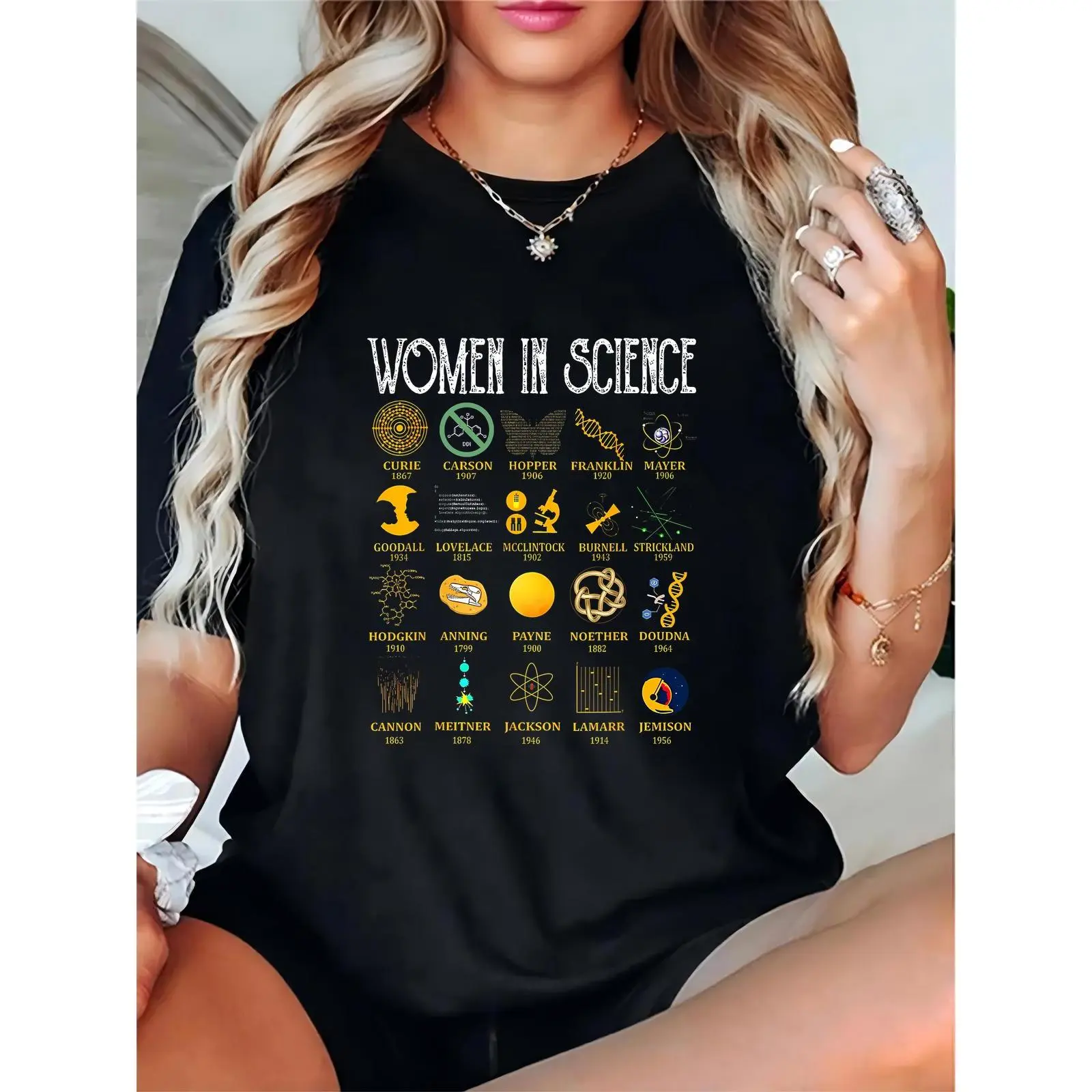 Women's 'Women in Science' Graphic T-Shirt - Famous Female Scientists & Science Icons (DNA, Microscope, Atoms) | Casual STEM Enthusiast Tee, Perfect for International Women's Day, Science Lovers 100% Cotton T-shirt