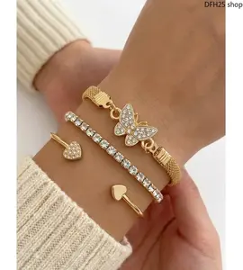 Women’s 3-Piece Stackable Bangle Set, Delicate Rhinestone Butterfly And Heart Layered Design, Minimalist Luxury Daily Wear Jewelry, Elegant Personalized Ornament For Dating Party Holiday Casual Occasions