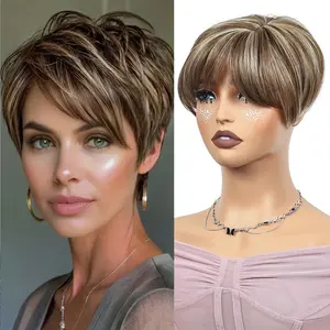 2025 NEW Fashion Women Hair Topper Highlight Brown Topper With Bangs Clip On Stnyhetic Hair Pieces Pixie Toppers For Women With Thinning Hair