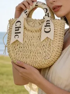 Retro artistic gentle style woven handbag, multi back fashion texture simple style single shoulder casual crossbody bag, letter ribbon design, lightweight and easy to carry, suitable for vacation and commuting, Casual Commuter Handbag