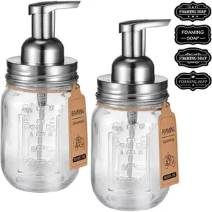 Mason Jar Foaming Soap Dispenser, Plastic Soap Pump, Refillable Hand Soap Dispenser for Kitchen, Cute Farmhouse Decor, Dish Soap, Shampoo, Bathroom Soap Accessories, Brushed Nickel 2 Pack