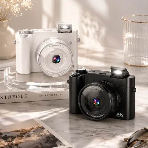 CAMKORY 4K Digital Camera for Vlogging, 64MP Front and Rear Dual Lens, Autofocus Anti-Shake, 3" Tiltable Selfie Screen, Pop-Up Flash, 16X Zoom, with Charging Cradle & 2 Batteries, Digital Cameras, Lcd
