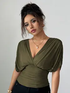 A women's solid color fashionable elegant hot girl style deep V-neck ruffled shoulder waist-cinching top, suitable for summer, daily commuting, casual wear, and vacation.