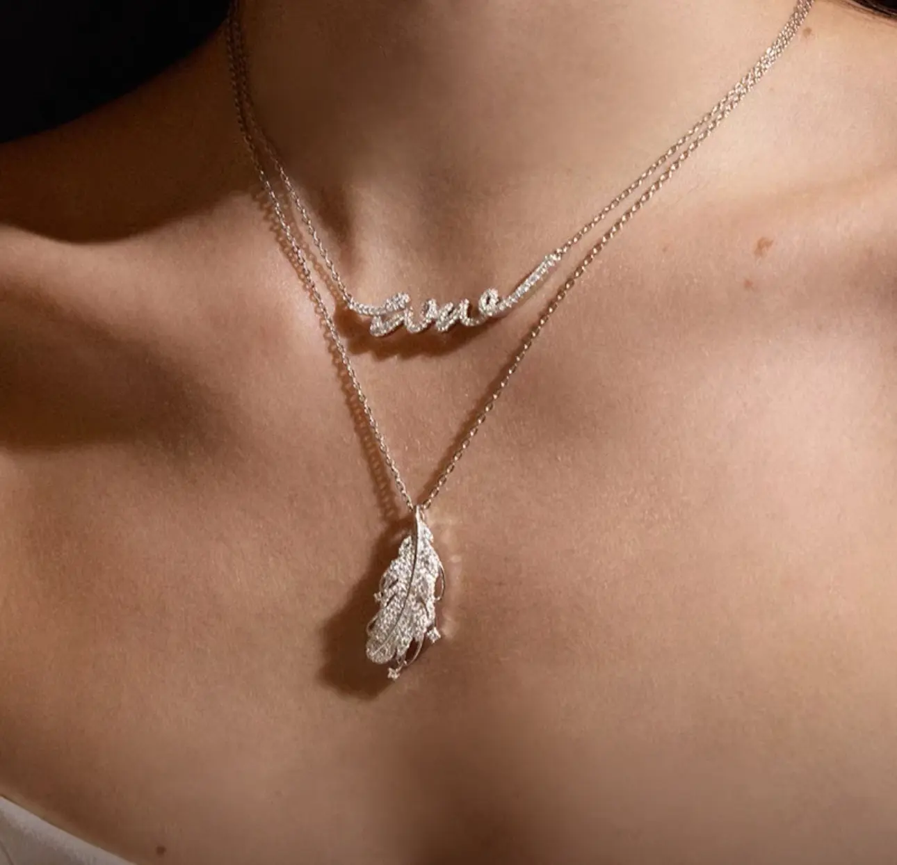 Silver Feather NecklaceCrystal Pavé Pendant, Unisex Keepsake