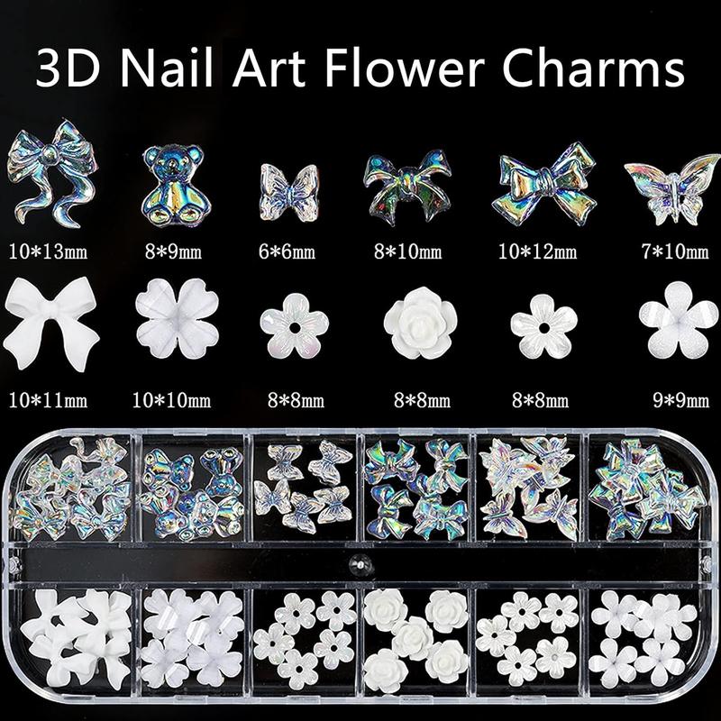 2 Pack 3D Acrylic Butterfly Flowers Nail Accessories Diamond Pearl Chain Half Circle Decal Jewelry Metal Hollow Nail Accessories Fashion Accessories