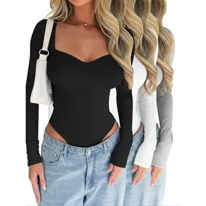 Women's 3-Piece Fall Winter Knit Set, Fashionable Comfortable Square Neck Long Sleeve Jumpsuit Bodysuit, Inner Wear or Outerwear