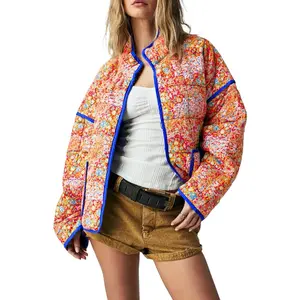 FMEYOA Womens Quilted Lightweight Jackets Floral Print Winter Coats Open Front Cardigan with Pockets