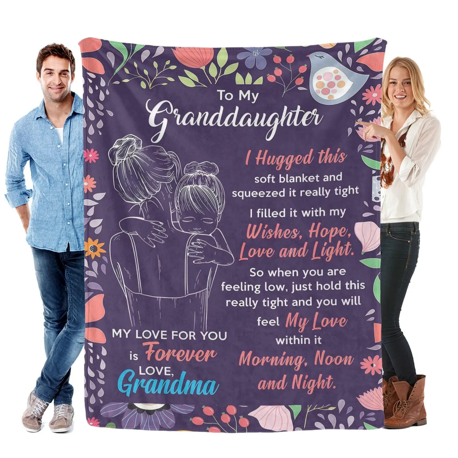 Grandma’s Love Flannel Throw Blanket for Granddaughters - Soft, Cozy Gift with Heartfelt Message & Hug Illustration, Ideal for Snuggling Warmly & Wrapping in Forever Comfort, Flannel Throw Blankets