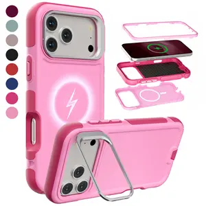 [Free!!Ship!] Camera Kickstand Shockproof Phone Case for 17 Pro Max 16 15 14 Mag Safe Dual Layer Military Grade Protective Cover with PC Frame & Charging Port Dust Plug