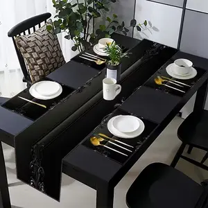 2D flat printing, 1 piece/4 pieces/6 pieces/5 pieces set/7 pieces set, table flag placemat with black gorgeous design on dark background - modern abstract wood grain art is very suitable for daily use in restaurant kitchen decoration