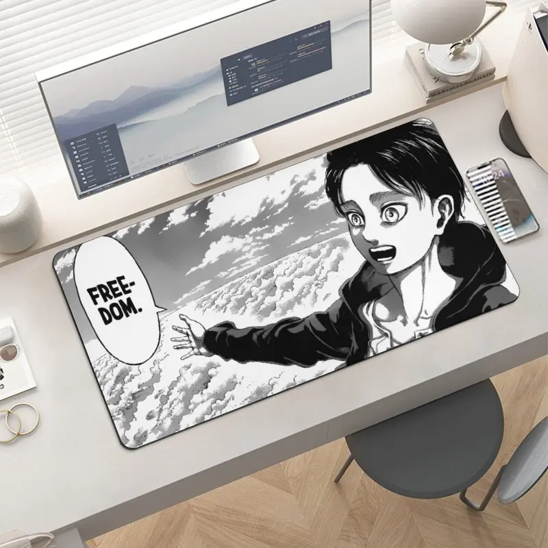 Attack on Titan Eren Yeager Freedom Scene Large Gaming Mouse Pad - Manga Black White Extended Waterproof Desk Blotter Mat, Anime Otaku Cult Keyboard Mat Pad, Cool Gamer Setup Accessories, Gaming Desk Accessory