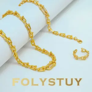[FOLYSTUY (Y154)]19.6 Inch 8mm Paperclip Chain Jewelry Set, Necklace Bracelet Ring 3Pcs Set with Extension Chain, Minimalist U Link Chain Jewelry for Women Men, Everyday Wear Gift