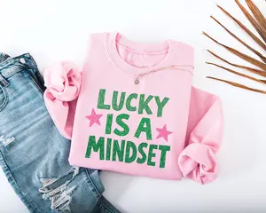 Lucky Is a Mindset Adult Sweatshirt - Soft Cozy Crewneck Green Lettering & Star Accents for St Patrick's Day Festive Wear - Hello Handpressed