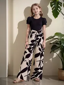 Girls' Solid Color Waist Tie Bow Blouse, Summer Vacation Loose Wide Leg Pants, Outdoor Wear, Casual Fashion