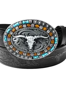 Unisex Western Style PU Belt, Turquoise Embossed Longhorn Pattern, Halloween Costume Accessory, All-Season Streetwear Waistband