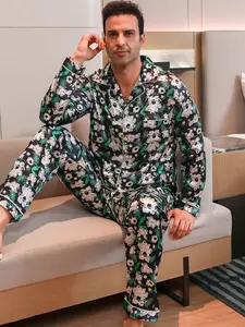 Men's Soft Satin Animal Print Long Sleeve Sleepwear Set, Comfortable Home Clothing, Casual Loungewear, Stylish Nightwear