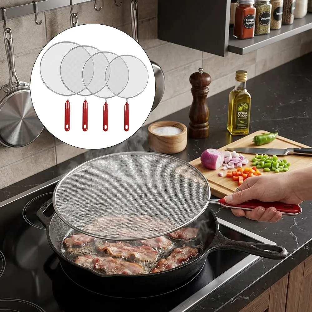 4pcs Splatter Screen for Frying Pan, Splatter Guard Mesh Stainless Steel Grease Guard Shield with Comfort Grip Handles Set of 4: 11.5", 9.8", 8.3", 7.5'' (29,25,21,19 cm)