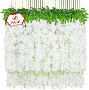60PCS Artificial Wisteria Flowers, White Dense Artificial Fake Wisteria Vine Ratta Hanging Garland Silk Flowers String for Home Party Wedding Decor