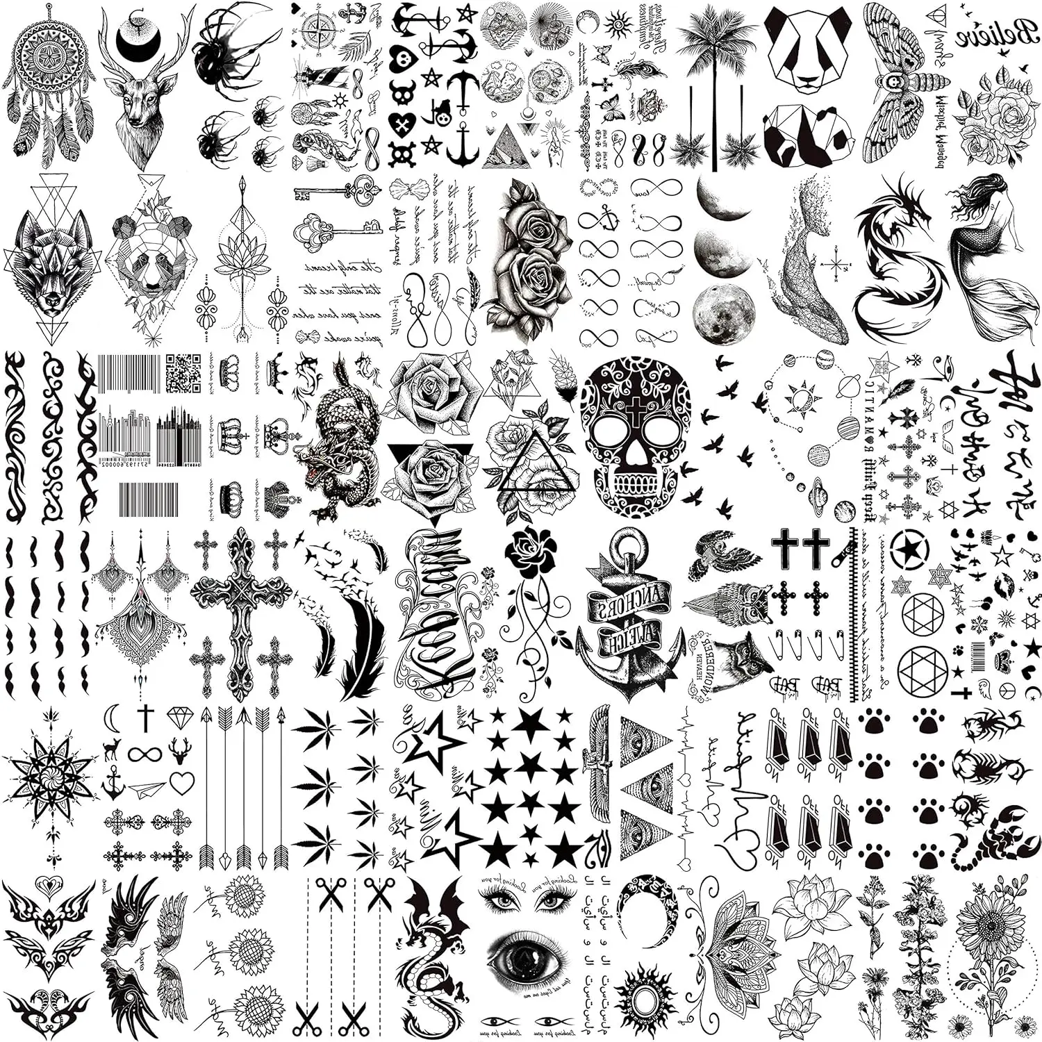 66 Sheets 3D Small Black Temporary Tattoos For Women Men Waterproof Fake Tattoo Stickers For Face Neck Arm Children Flower Birds Star Realistic Tatoo Kits For Boy Girls Adults