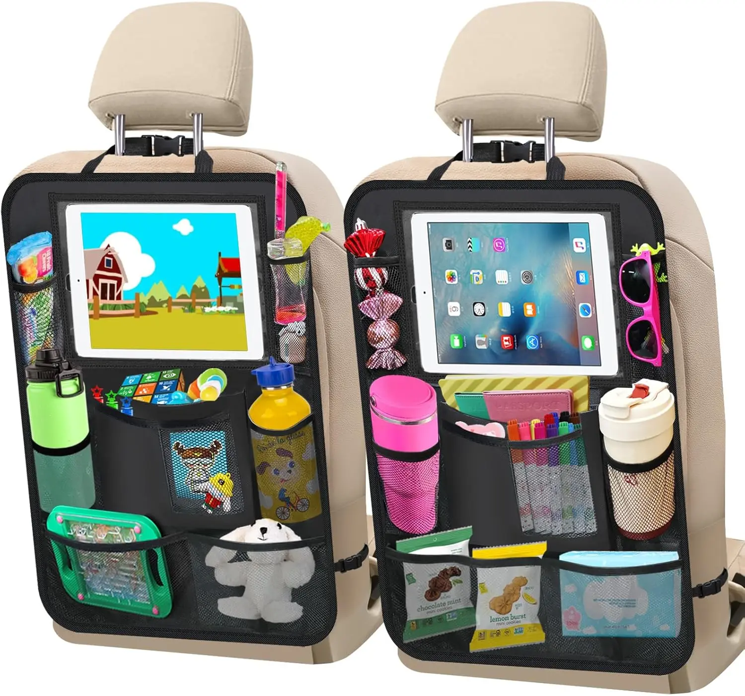 Car Backseat Organizer 2 Pack Car Back Seat with 11" Tablet Holder 10 Storage Pockets Seat Back Protectors Kick Mats for Kids Toddlers Travel Accessories