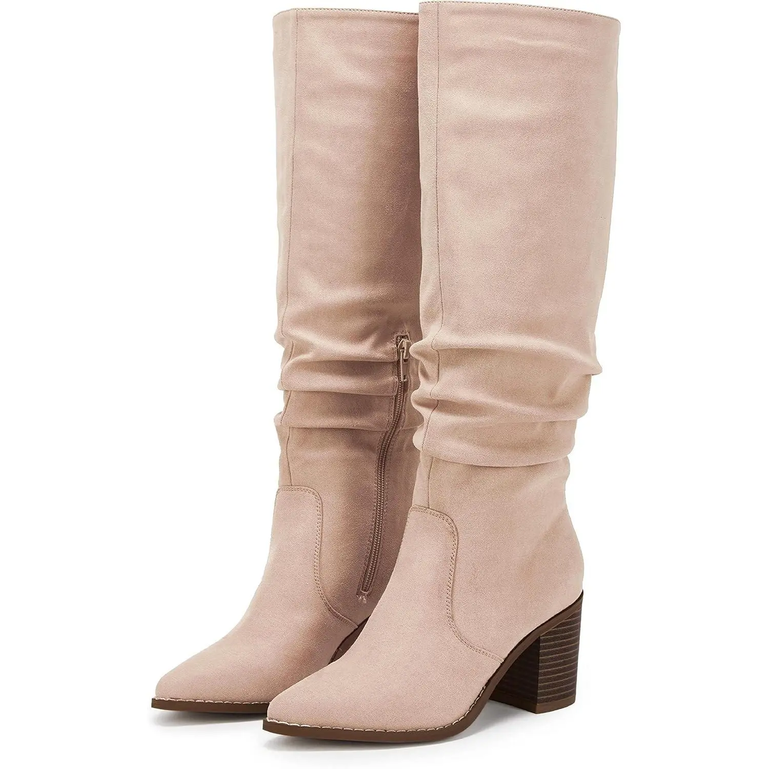 Coutgo Womens Pointed Toe Mid Chunky Heel Side Zipper Knee High Boots Tall Booties Coutgo Womens Pointed Toe Mid Chunky Heel Side Zipper Knee High Boots Tall Booties