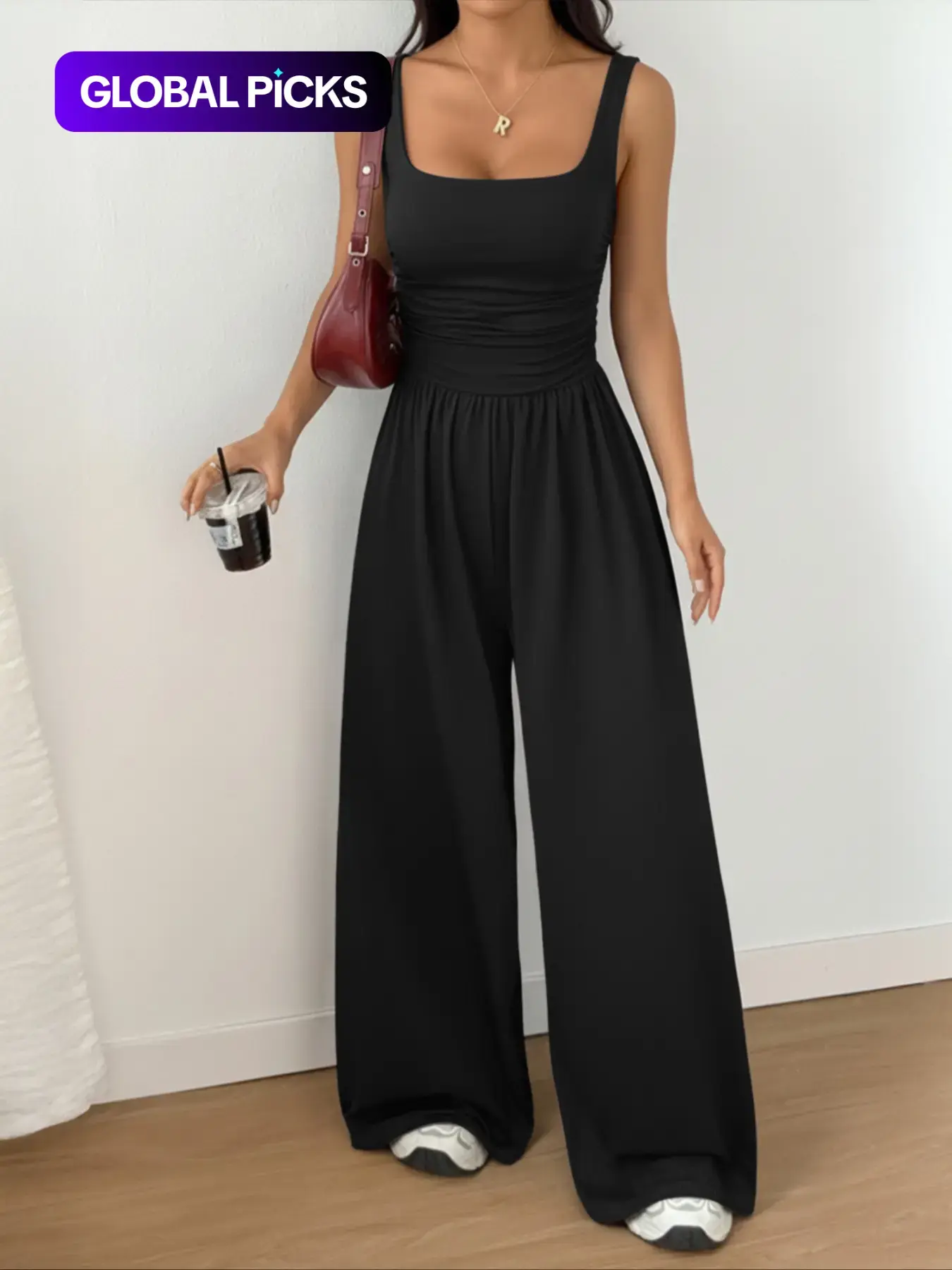 Women's Casual Fit Knitted Solid Square-Neck Jumpsuit, Basic, Fashionable, Comfortable and Versatile Wide-Leg Jumpsuit, Everyday Womenswear