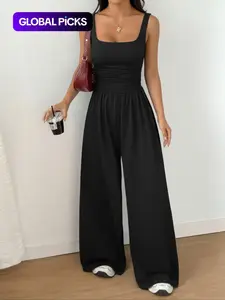 Women's Casual Fit Knitted Solid Square-Neck Jumpsuit, Basic, Fashionable, Comfortable and Versatile Wide-Leg Jumpsuit Everyday